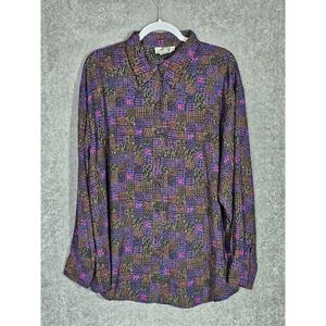 Vintage EK Designs Top Womens Size XL Purple‎ Pink Teal Brown Black Blouse